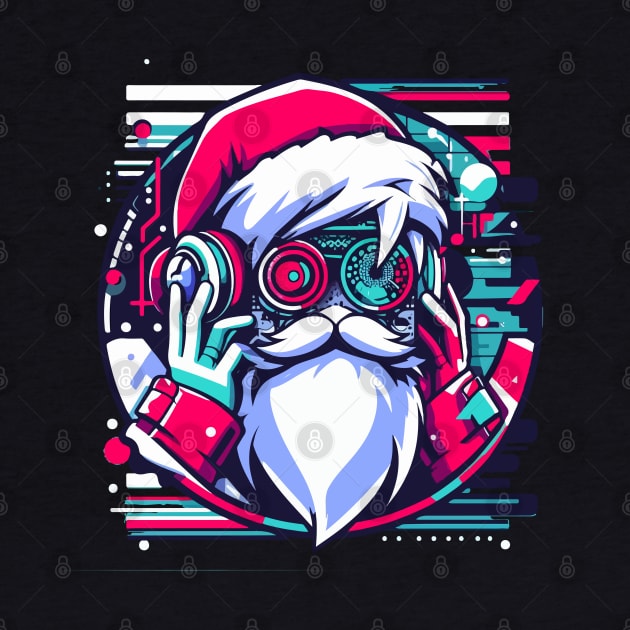 Santa Claus with headphones on his ears listening to music by T-Shirt Paradise